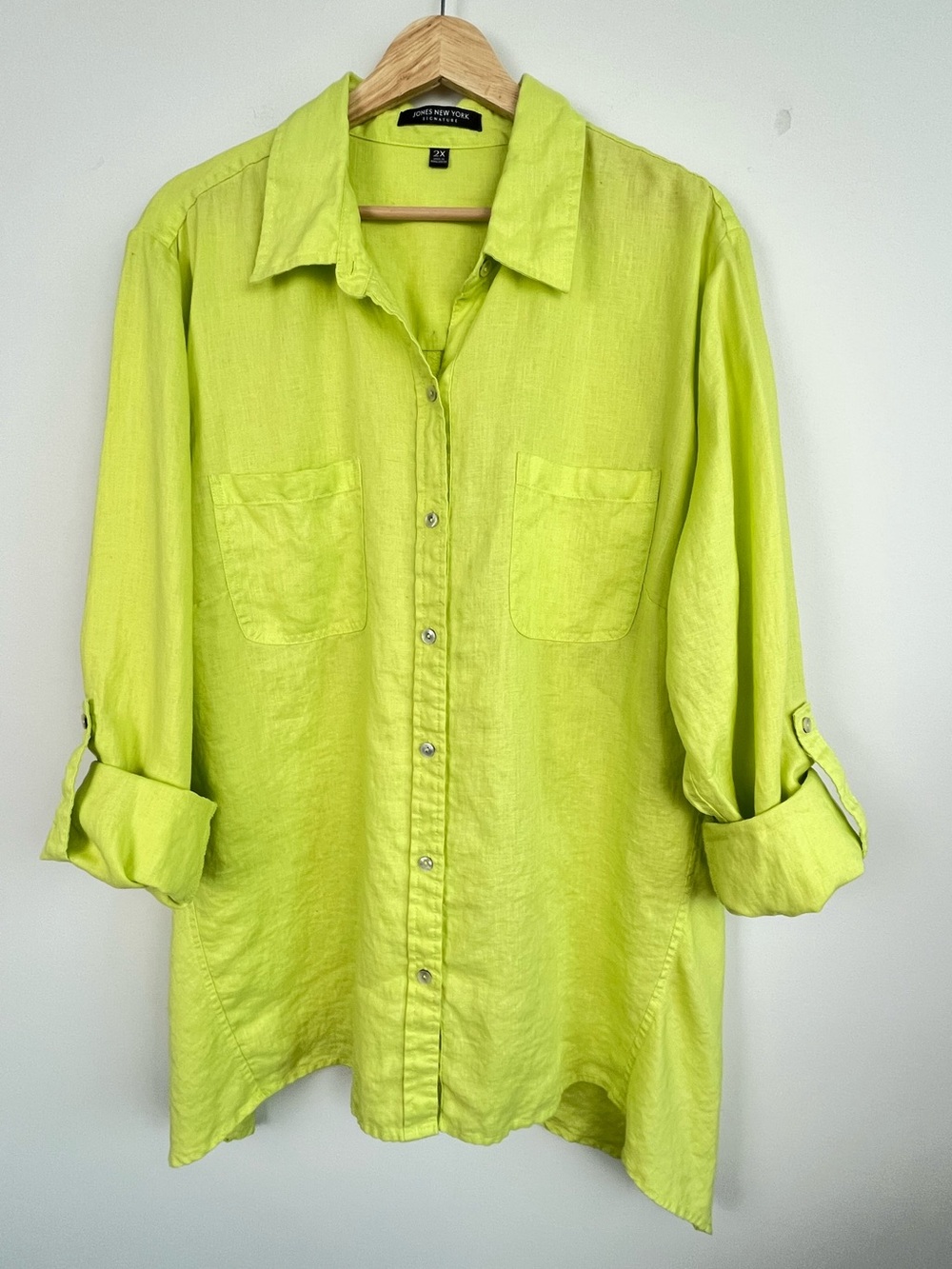 Jones New York lime green 100% linen button front roll tab sleeve shirt, 2X.